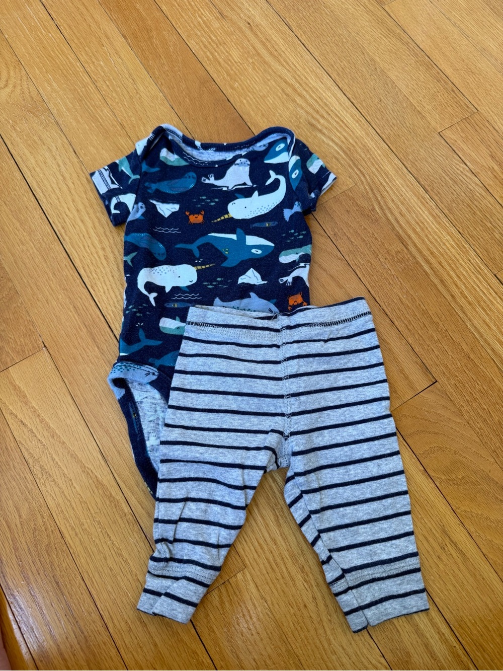 Carter’s Navy Whale Print Baby One-Piece with Gray Striped Pants, 3 months